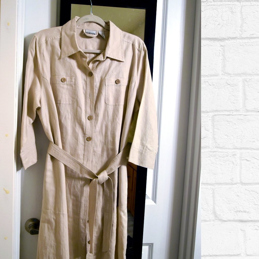 CHICO'S LINEN NAMIBIA Optic tan shirt dress